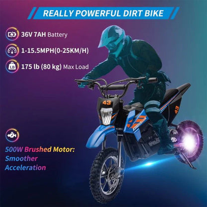 36V Kids Electric Dirt Bike, 36V, 350W, 15.5MPH, LED, 175lbs Max, Blue