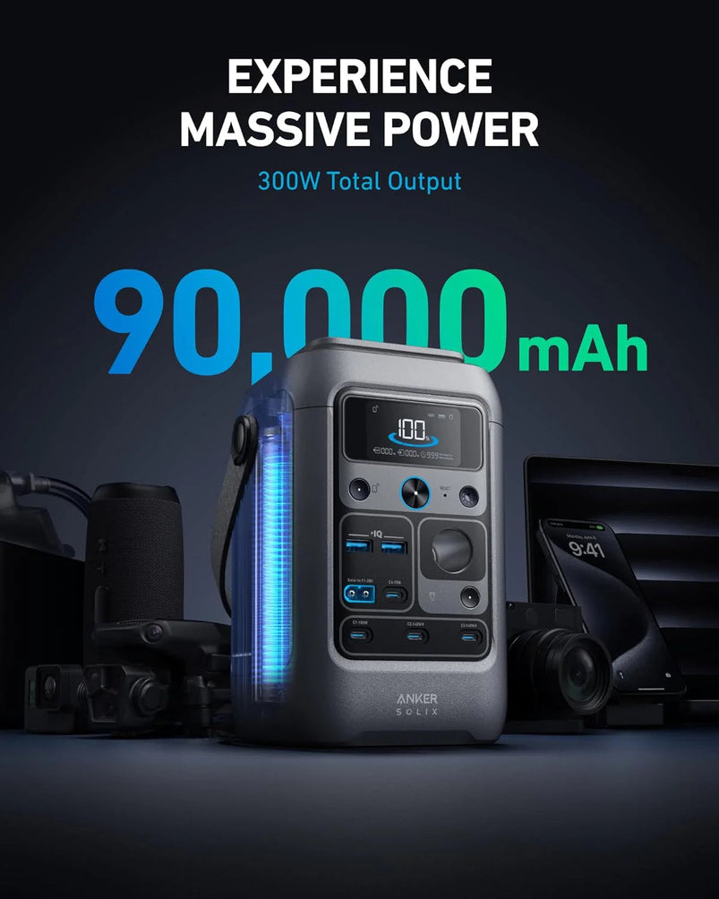 Anker Power Bank Station Solix C300 DC 90, 000mAh, 288Wh, Portable Power Station, 300W Solar Generator, LiFePO4 Battery, Generators