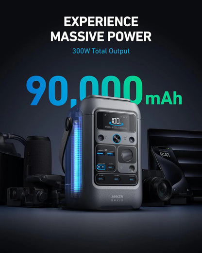 Anker Power Bank Station Solix C300 DC 90, 000mAh, 288Wh, Portable Power Station, 300W Solar Generator, LiFePO4 Battery, Generators