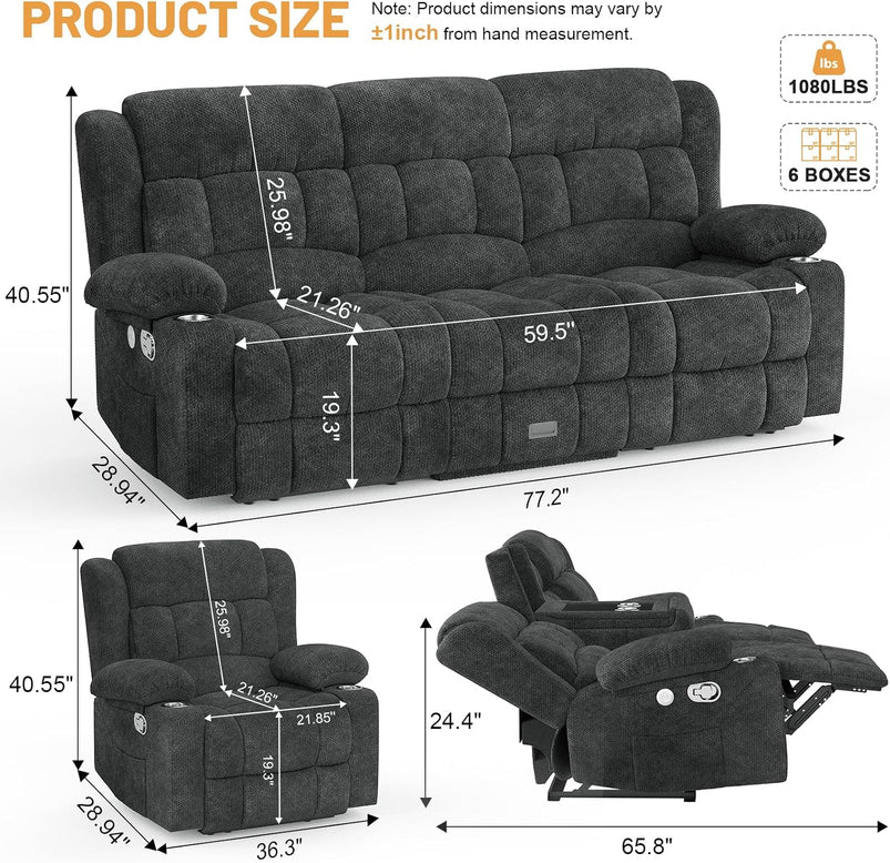 3 Seat Reclining Sofa with Storage Drawer USB Ports and Cup Holders Manual Couch
