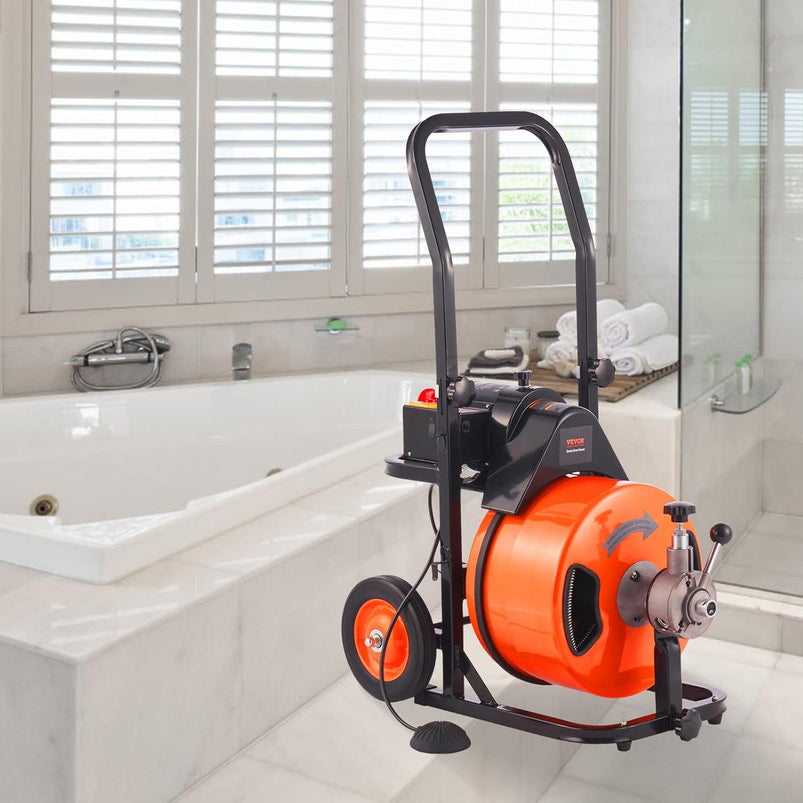 Drain Cleaner Machine 100FT x 1/2Inch, Auto Feed Sewer Snake Auger with 4 Cutter and Air-Activated Foot Switch for 1" to 4" Pipes, Orange, Black
