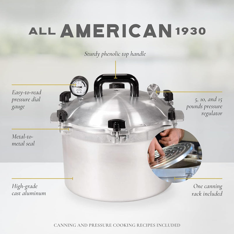 All American 1930, 21.5qt Pressure Cooker/Canner the 921, Metal to Metal Sealing System, Easy to Open and Close, Suitable for Gas, Electric