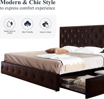 Allewie Upholstered Queen Size Platform Bed Frame with 4 Storage Drawers and Headboard, Square Stitched Button Tufted
