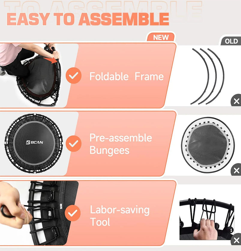Bcan 450/550 Lbs Foldable Mini Trampoline, 40"/48" Fitness Trampoline with Bungees, U Shape Adjustable Foam Handle