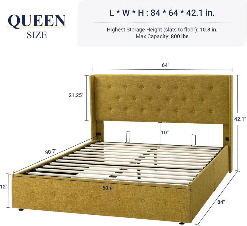 Allewie Queen Size Lift up Storage Bed, Modern Wingback Headboard, Hydraulic Support, Light Beige