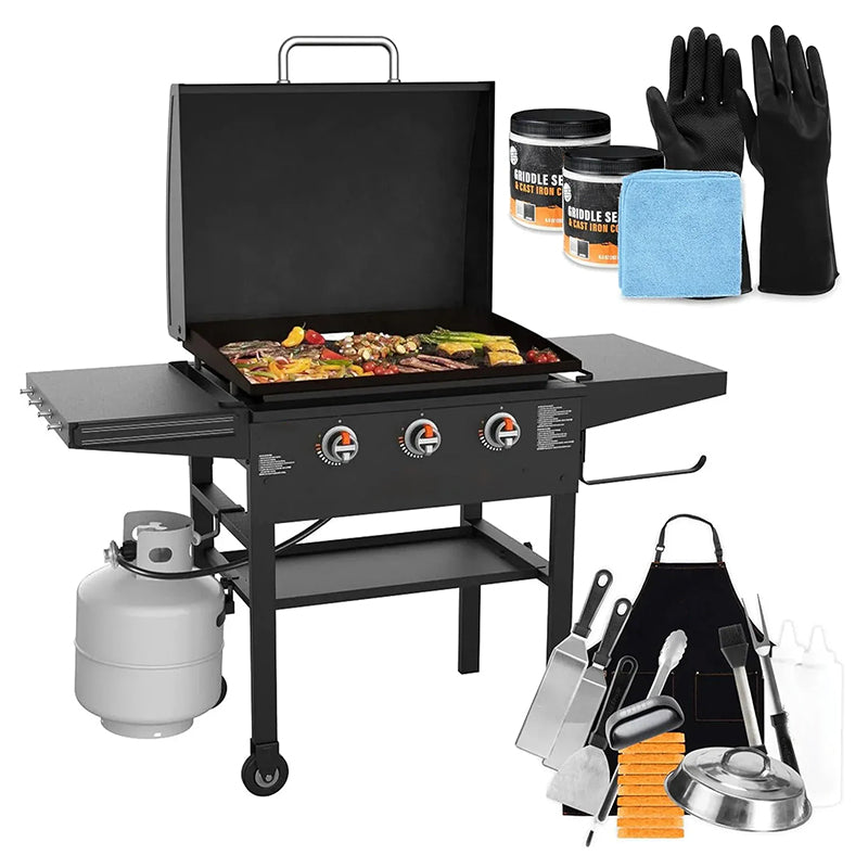 Griddle 2080 with Hood XL Griddle Original 3-Burner Outdoor Flat Top Grill, Griddle Accessories, Seasoning, and Gloves and Cloth