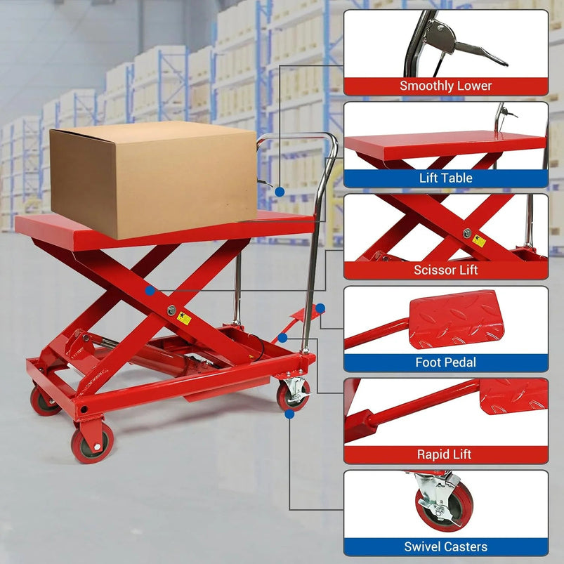 660LBS Hydraulic Lift Table Cart, 31" Lift Height, Double Scissor Design with 4 Wheels and Non-Slip Pad for Material Handling