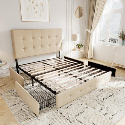 Allewie Upholstered Queen Size Platform Bed Frame with 4 Storage Drawers and Headboard, Square Stitched Button Tufted