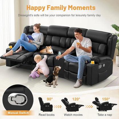 3 Seat Reclining Sofa with Storage Drawer USB Ports and Cup Holders Manual Couch