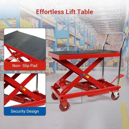 500LBS Hydraulic Lift Table Cart, 30" Lifting Height., Double Scissor Lift Table with 4 Wheels and Non-Slip Pad
