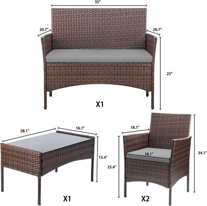4 Pieces Patio Rattan Chair Wicker, Outdoor Indoor Use Backyard Porch Garden Poolside Balcony Furniture Sets Red
