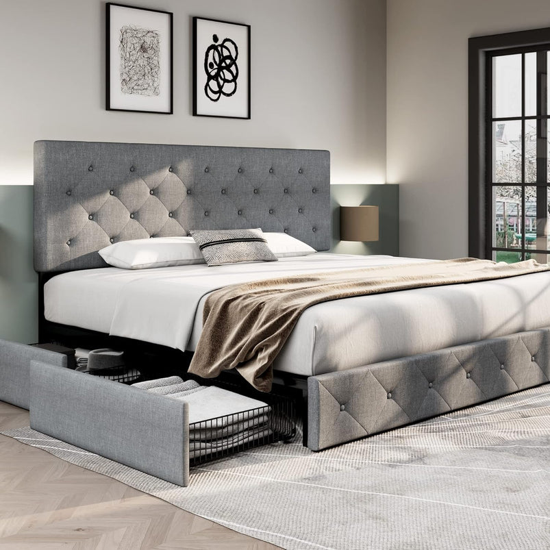 Allewie Upholstered Queen Size Platform Bed Frame with 4 Storage Drawers and Headboard, Square Stitched Button Tufted