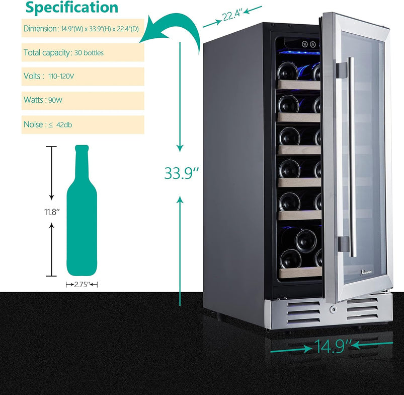 24 Inch Wine Cooler, 46 Bottle, Dual Zone Built-in or Freestanding Fridge with Stainless Steel Reversible Glass Door, for Home, Kitchen, or Office