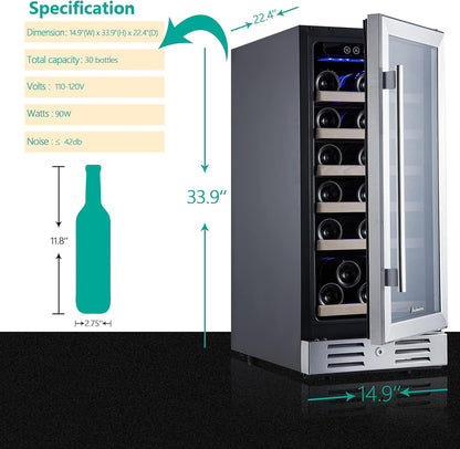 24 Inch Wine Cooler, 46 Bottle, Dual Zone Built-in or Freestanding Fridge with Stainless Steel Reversible Glass Door, for Home, Kitchen, or Office