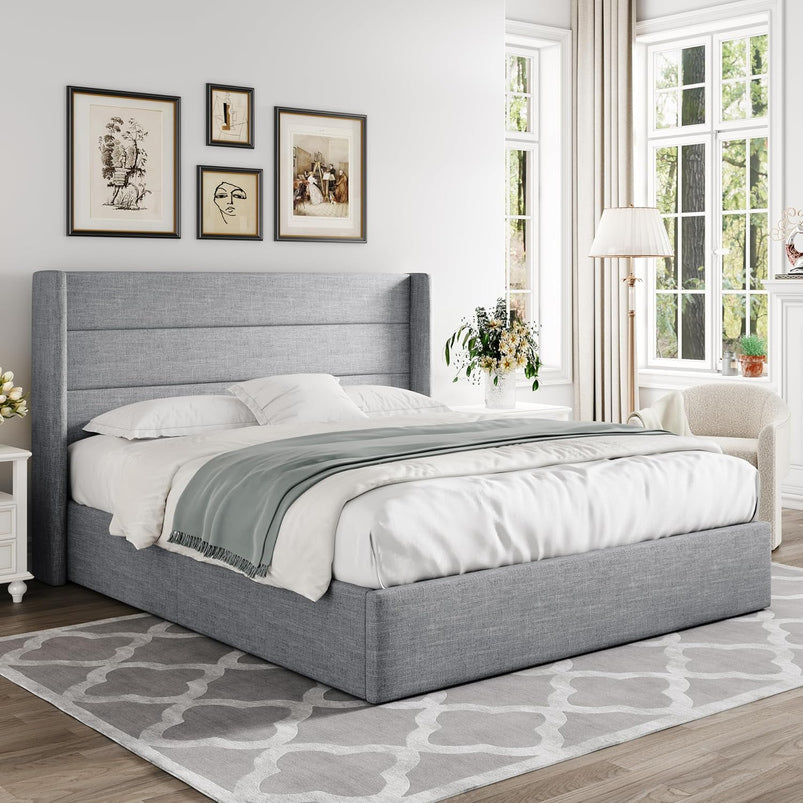Allewie Queen Size Lift up Storage Bed, Modern Wingback Headboard, Hydraulic Support, Light Beige