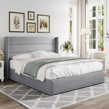 Allewie Queen Size Lift up Storage Bed, Modern Wingback Headboard, Hydraulic Support, Light Beige