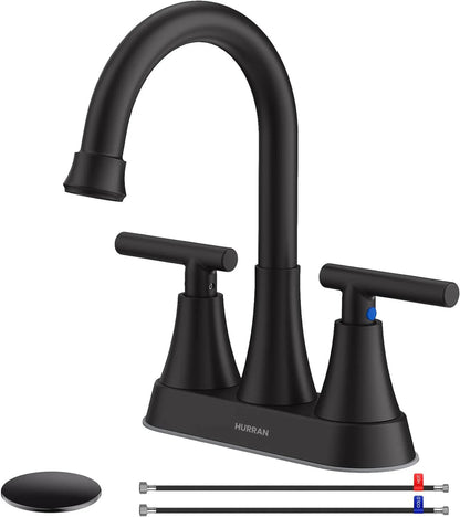 Bathroom Faucets for Sink 3 Hole, Hurran 4 Inch Matte Black Bathroom Sink Faucet with Pop-up Drain