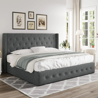 Allewie Queen Size Lift up Storage Bed, Modern Wingback Headboard, Hydraulic Support, Light Beige
