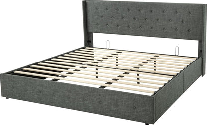 Allewie Queen Size Lift up Storage Bed, Modern Wingback Headboard, Hydraulic Support, Light Beige