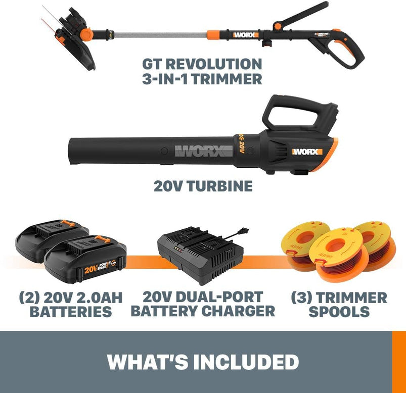 20V GT Revolution 12" 4.0Ah Cordless String Trimmer and Turbine Leaf Blower Power Share Combo Kit, WG930.3 Batteries and Charger Included