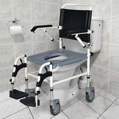 4 in 1 Bedside Commode Chair Shower Wheelchair with Detachable Bucket Padded Mobile Toilet Chair, Comfortable and Ergonomic Design