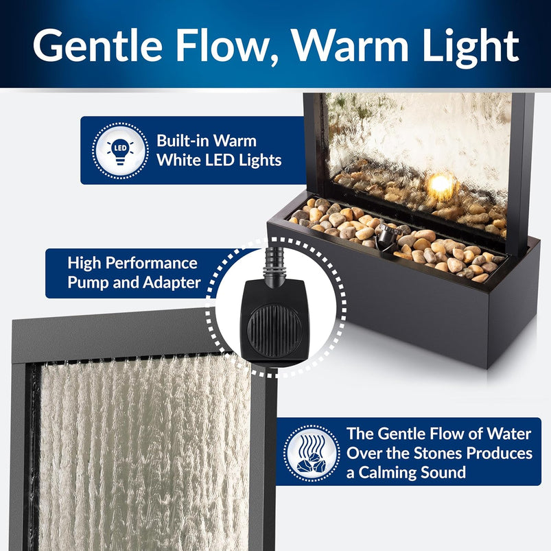 Alpine Mirror Waterfall Fountain with Stones and Lights, 72", Indoor/Outdoor Zen Decor