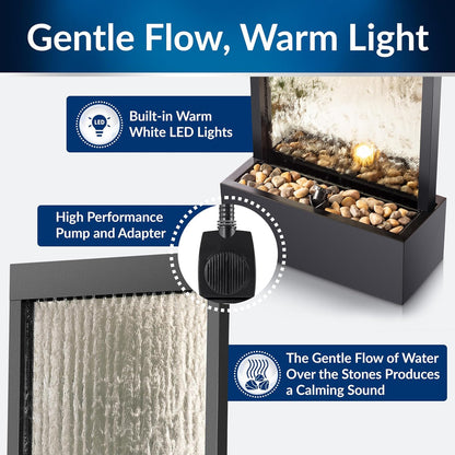 Alpine Mirror Waterfall Fountain with Stones and Lights, 72", Indoor/Outdoor Zen Decor