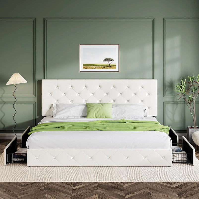 Allewie Upholstered Queen Size Platform Bed Frame with 4 Storage Drawers and Headboard, Square Stitched Button Tufted
