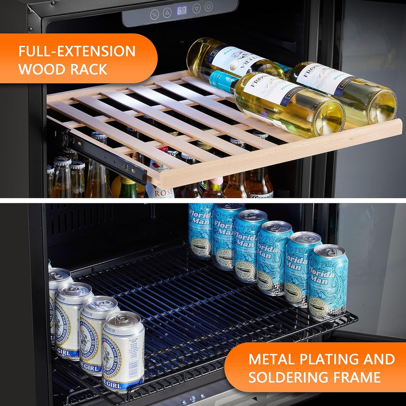 24 Inch Wine Cooler, 46 Bottle, Dual Zone Built-in or Freestanding Fridge with Stainless Steel Reversible Glass Door, for Home, Kitchen, or Office