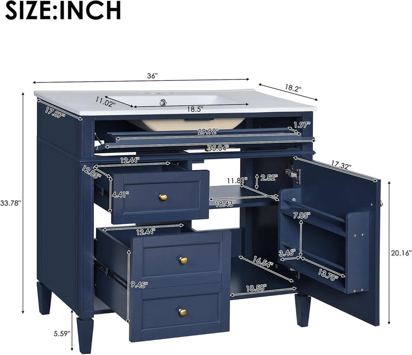 36" Bathroom Vanity with Single Sink Combo, Modern Undermount Bathroom Sink Cabinet with 2 Drawers and a Tip-Out Drawer