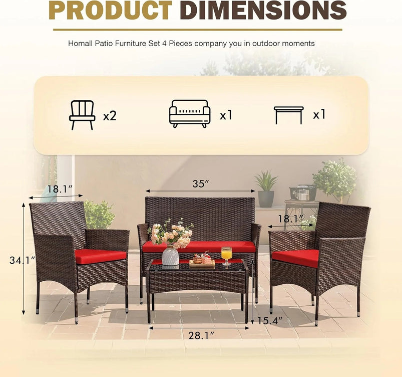4 Pieces Patio Rattan Chair Wicker, Outdoor Indoor Use Backyard Porch Garden Poolside Balcony Furniture Sets Red