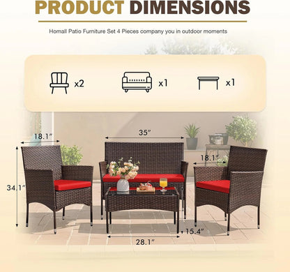 4 Pieces Patio Rattan Chair Wicker, Outdoor Indoor Use Backyard Porch Garden Poolside Balcony Furniture Sets Red