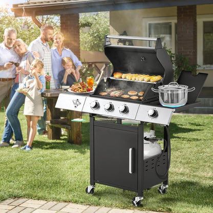 Upgraded 4 Burner BBQ Propane Gas Grill with Cast Iron Grates and Side Stove, 44, 000 BTU Stainless Steel Burner Barbecue Grill for Patio, Camping