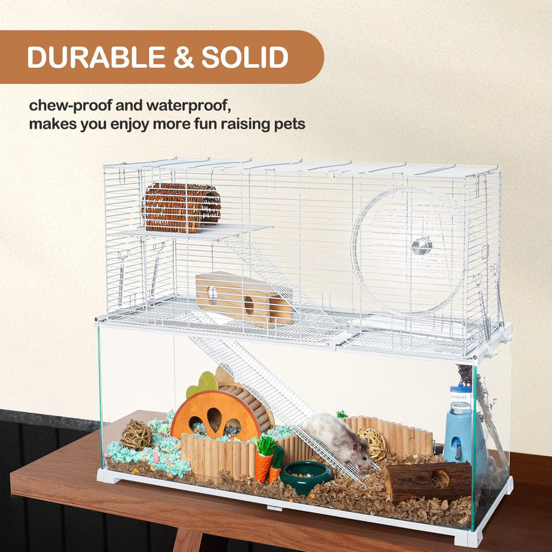 3 Tiers Large Hamster Cages, Glass Hamster Cage Habitat with Openable Wire Topper