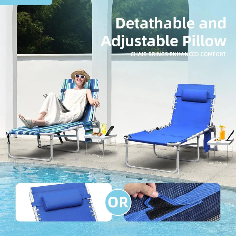 3-in-1 Outdoor Sun Tanning Lounge Chair with Face Hole 5-Position Recliner, Folding Side Table and Removable Pillow, 330lbs Capacity, Blue