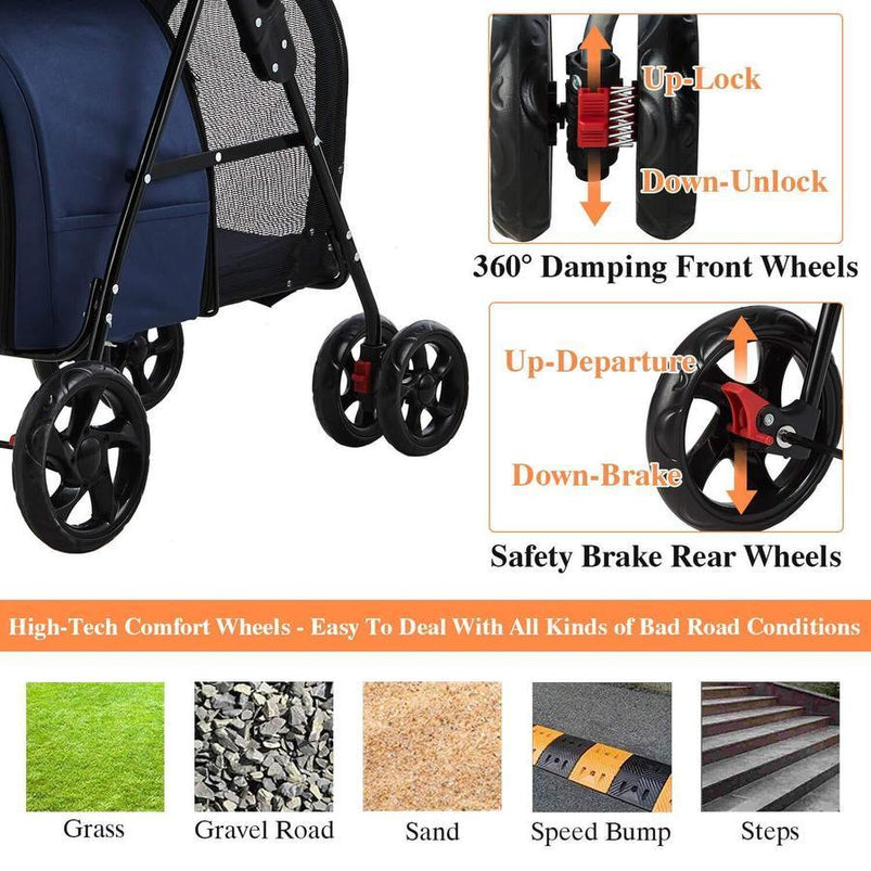 42 Double Pet Stroller for 2 Dogs and Cats, 4 Wheels Dog Strollers Folding Travel Cat Stroller with Suspension System, Navy Blue
