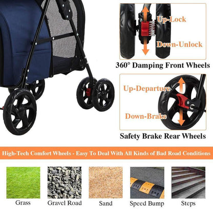 42 Double Pet Stroller for 2 Dogs and Cats, 4 Wheels Dog Strollers Folding Travel Cat Stroller with Suspension System, Navy Blue