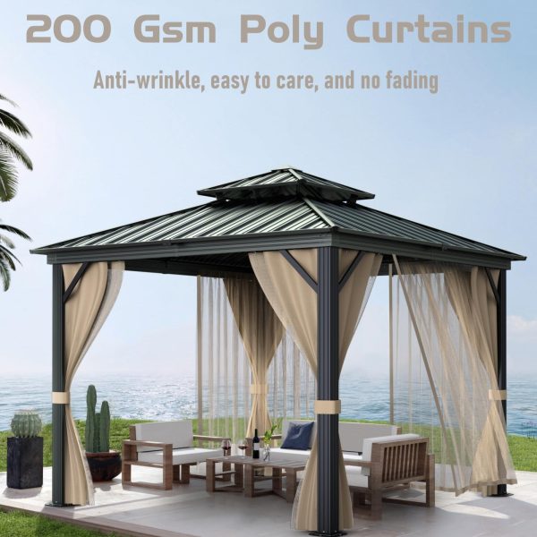 10x10 Hardtop Gazebo with Double Metal Roof, Aluminum Frame, Net, and Curtain. All-Weather, Ideal for Patio, Deck, Garden, Backyard. Khaki