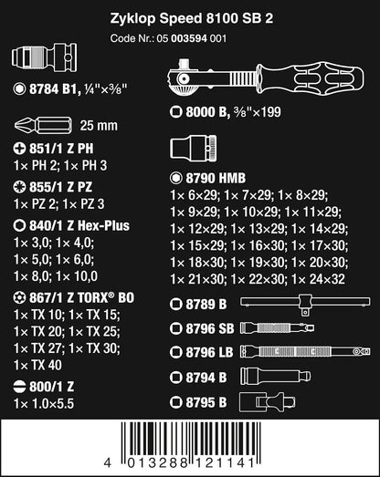 5003594001 8100 Sb 2 Zyklop 3/8" Metric Ratchet Set Piece of 43