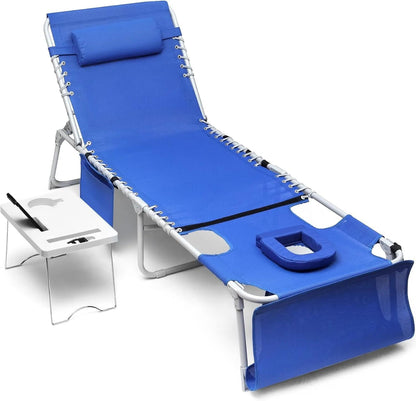 3-in-1 Outdoor Sun Tanning Lounge Chair with Face Hole 5-Position Recliner, Folding Side Table and Removable Pillow, 330lbs Capacity, Blue