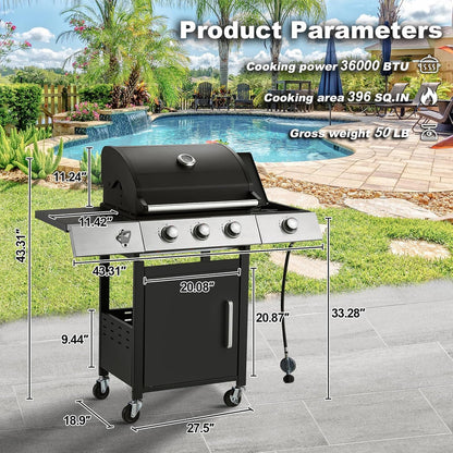Upgraded 4 Burner BBQ Propane Gas Grill with Cast Iron Grates and Side Stove, 44, 000 BTU Stainless Steel Burner Barbecue Grill for Patio, Camping