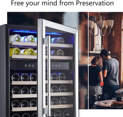 24 Inch Wine Cooler, 46 Bottle, Dual Zone Built-in or Freestanding Fridge with Stainless Steel Reversible Glass Door, for Home, Kitchen, or Office