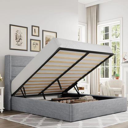 Allewie Queen Size Lift up Storage Bed, Modern Wingback Headboard, Hydraulic Support, Light Beige