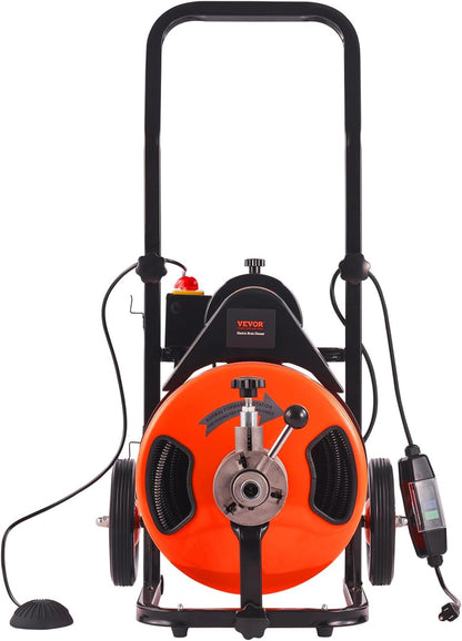 Drain Cleaner Machine 100FT x 1/2Inch, Auto Feed Sewer Snake Auger with 4 Cutter and Air-Activated Foot Switch for 1" to 4" Pipes, Orange, Black