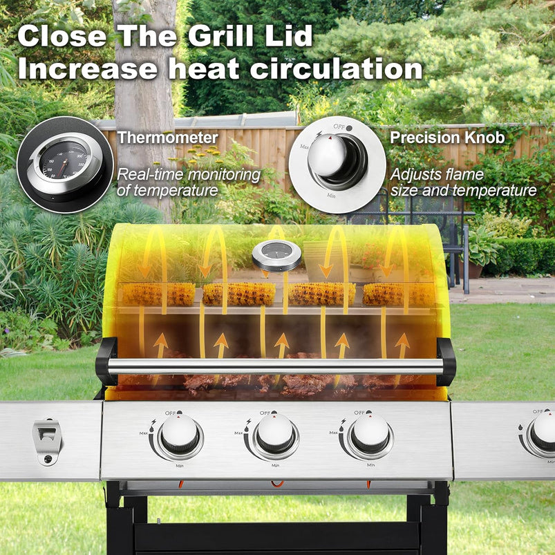 Upgraded 4 Burner BBQ Propane Gas Grill with Cast Iron Grates and Side Stove, 44, 000 BTU Stainless Steel Burner Barbecue Grill for Patio, Camping