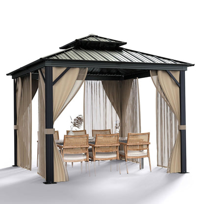 10x10 Hardtop Gazebo with Double Metal Roof, Aluminum Frame, Net, and Curtain. All-Weather, Ideal for Patio, Deck, Garden, Backyard. Khaki