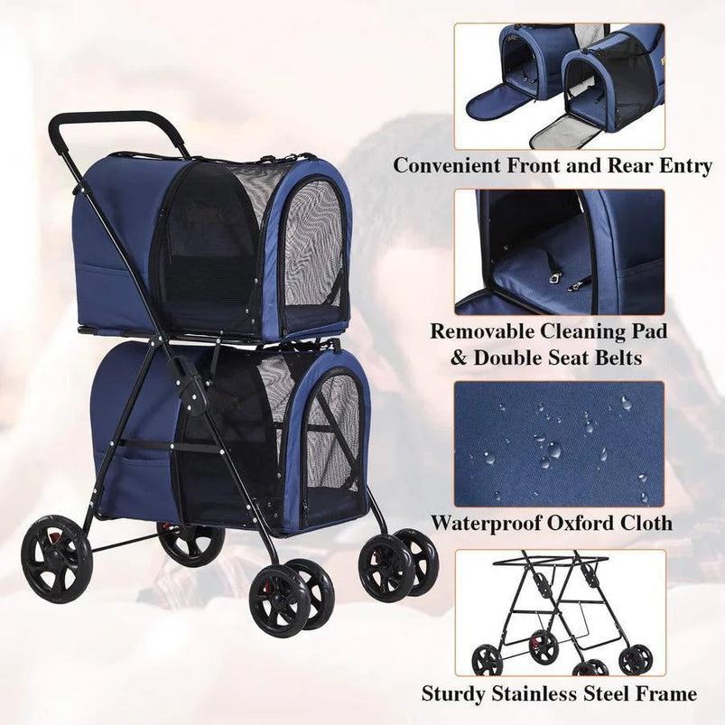 42 Double Pet Stroller for 2 Dogs and Cats, 4 Wheels Dog Strollers Folding Travel Cat Stroller with Suspension System, Navy Blue