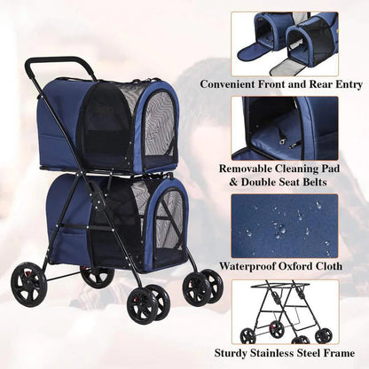 42 Double Pet Stroller for 2 Dogs and Cats, 4 Wheels Dog Strollers Folding Travel Cat Stroller with Suspension System, Navy Blue