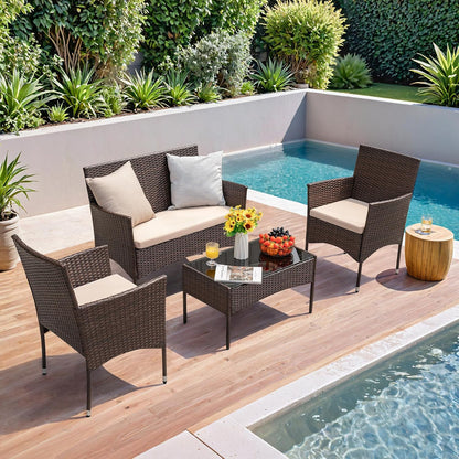 4 Pieces Patio Rattan Chair Wicker, Outdoor Indoor Use Backyard Porch Garden Poolside Balcony Furniture Sets Red