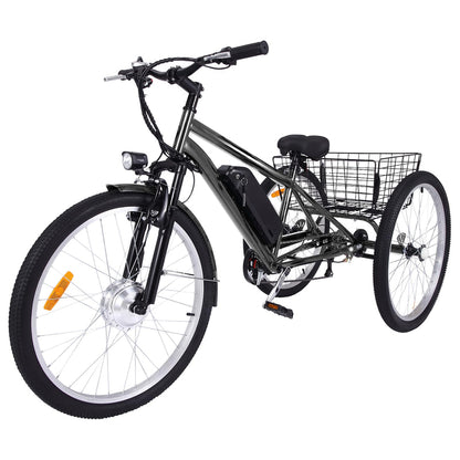 26 Inch Adult 3 Wheel Electric Tricycle with Basket, Fat Tires, 7 Speeds, 350W Powerful Motor, 36V 10Ah Removable Battery Dark Gray